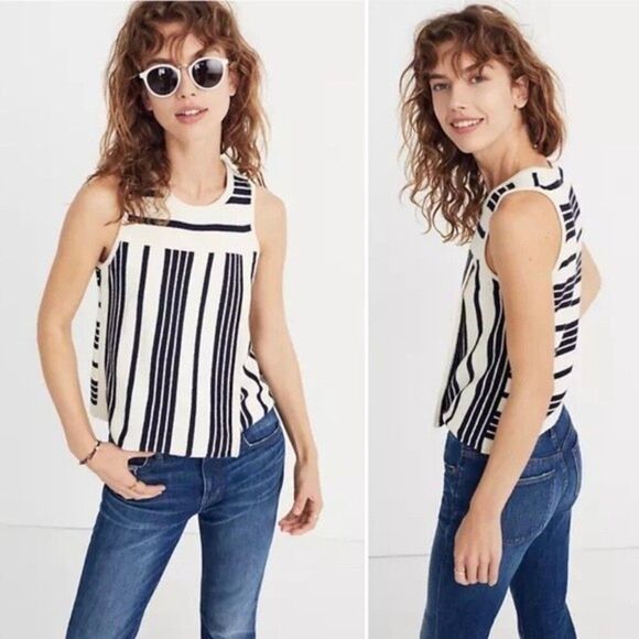 Madewell Stripe Play Crop Knit Sweater Tank Top XXS White Navy Retro 70s Boho - Picture 2 of 8